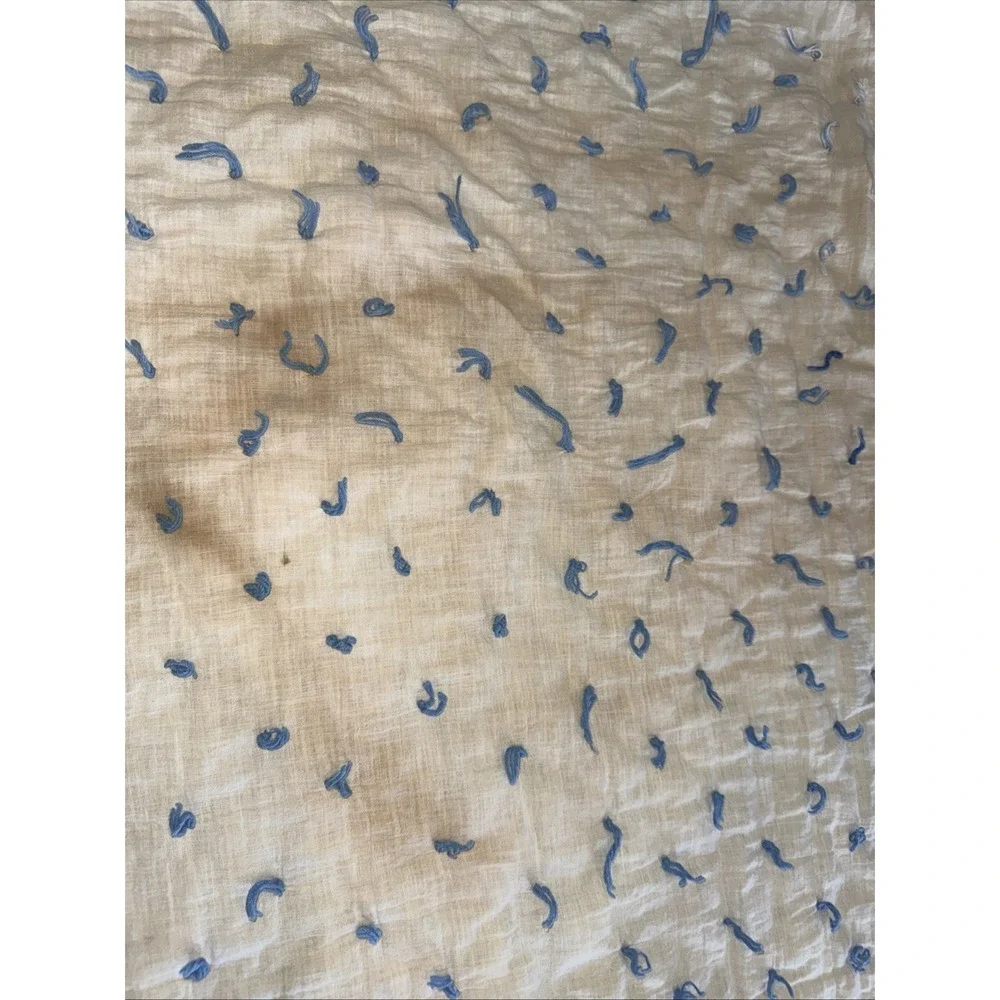 Vintage Cream W Blue Ties Quilt Blanket 68X65 In Significant Stain Areas Hole